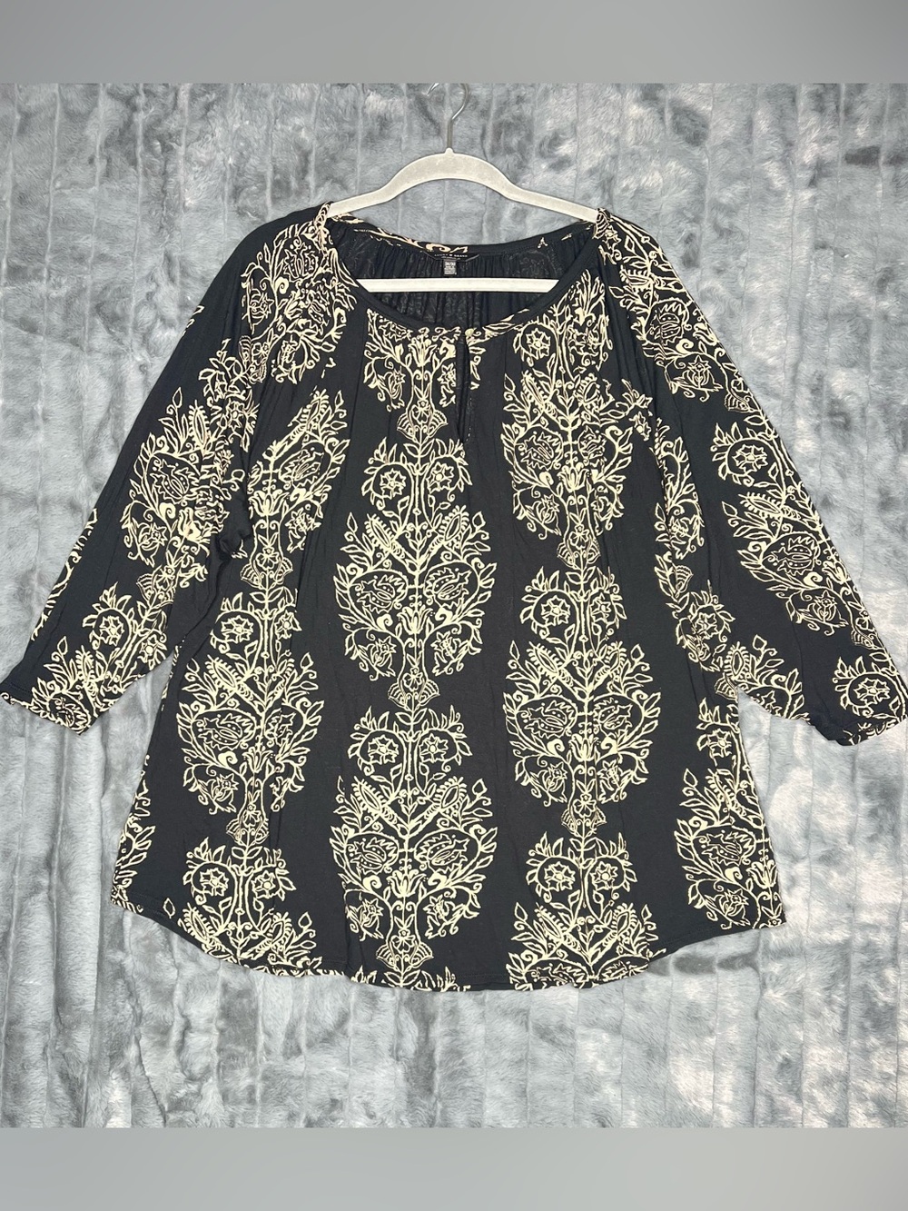 Lucky Brand 3X Plus Size Boho Peasant Blouse Black Cream Floral Damask Keyhole